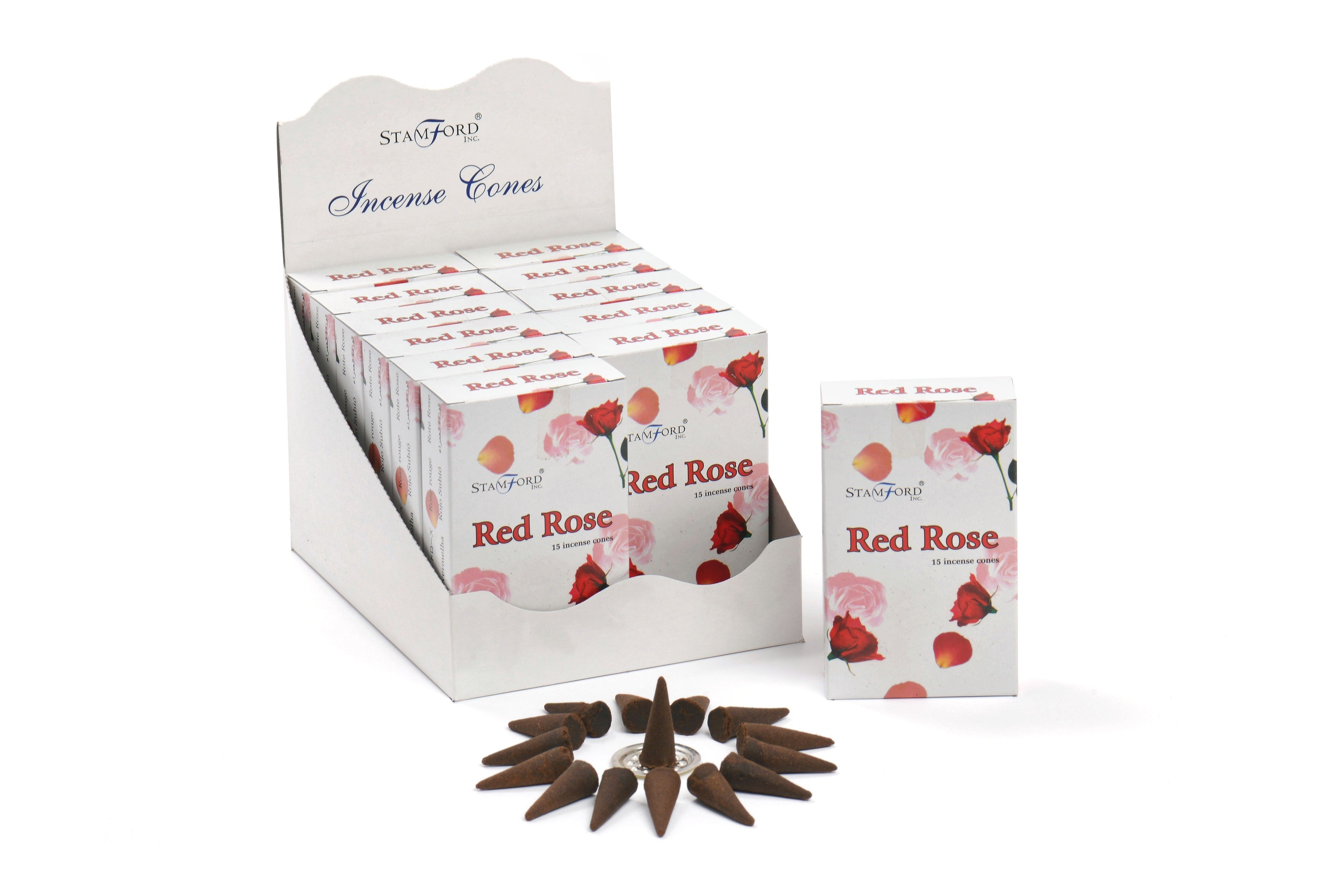 Box of Stamford Red Rose incense cones on a white background