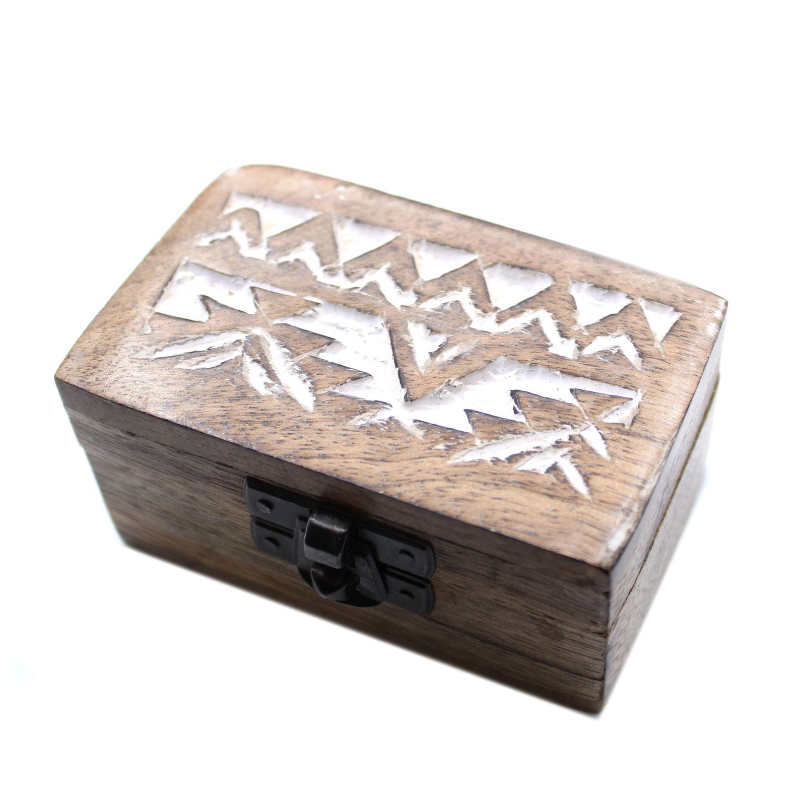 Wooden box with geometric cutout design on a white background