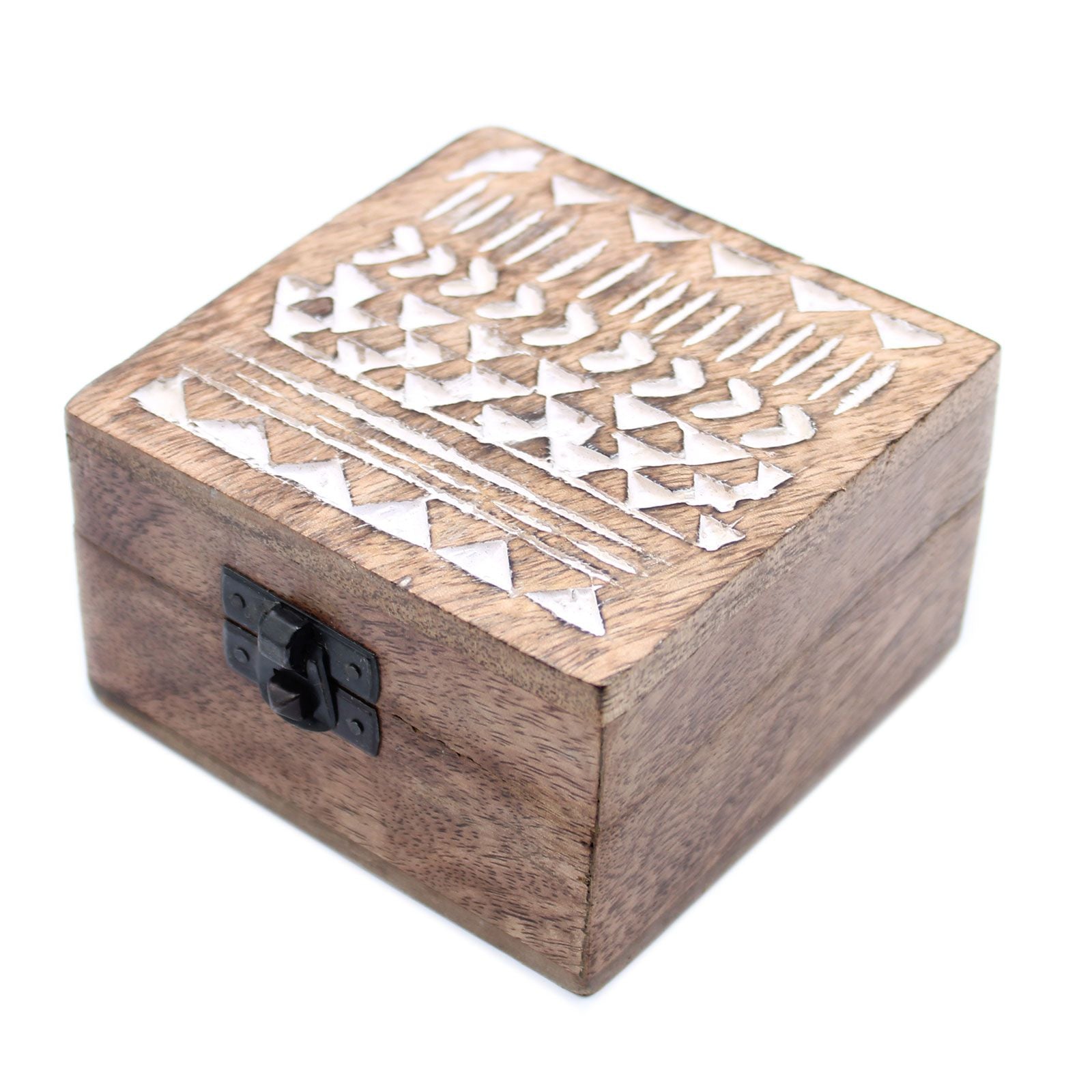 Wooden box with geometric cutout design on a white background