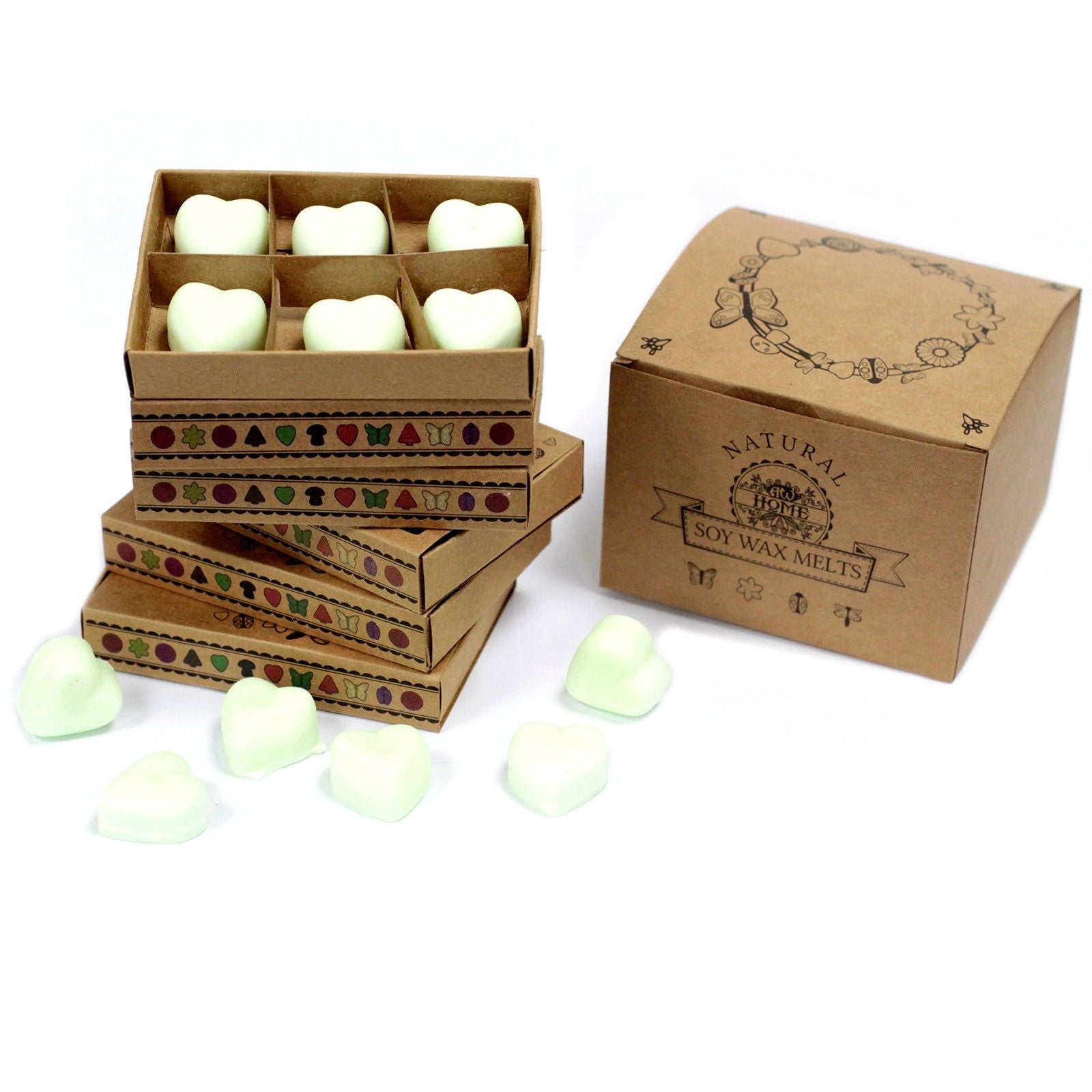Soy wax melts in a cardboard box with decorative patterns on a white background