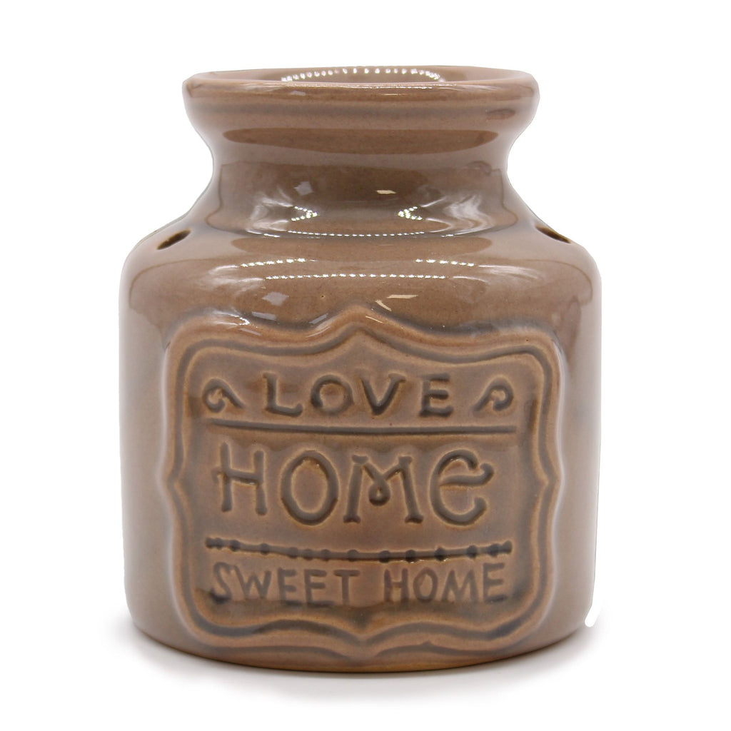 Brown ceramic jar with 'Love Home Sweet Home' text on a white background
