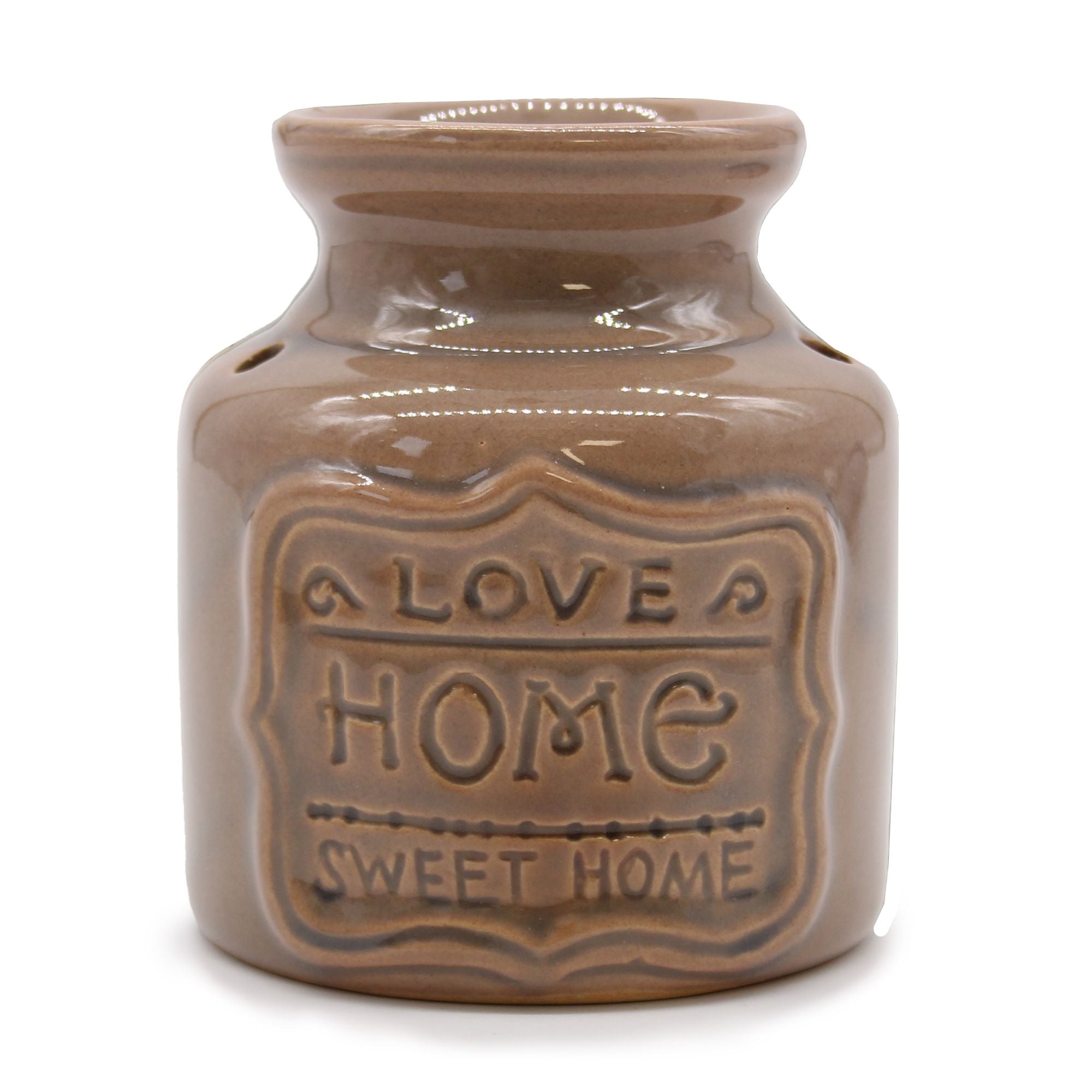Brown ceramic jar with 'Love Home Sweet Home' text on a white background