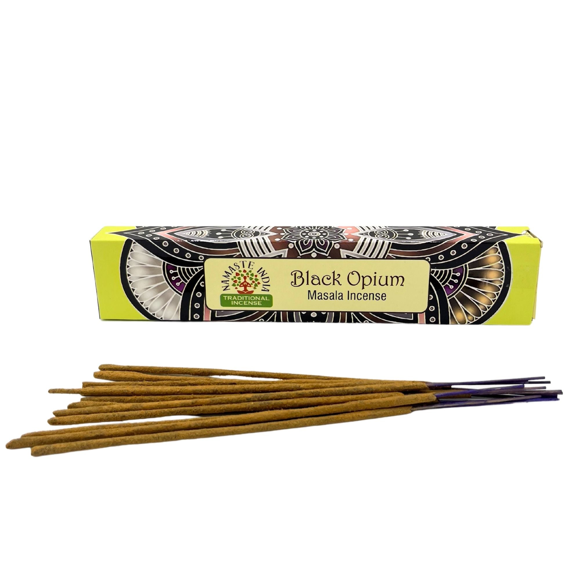 Box of Black Opium Masala Incense with incense sticks on a white background