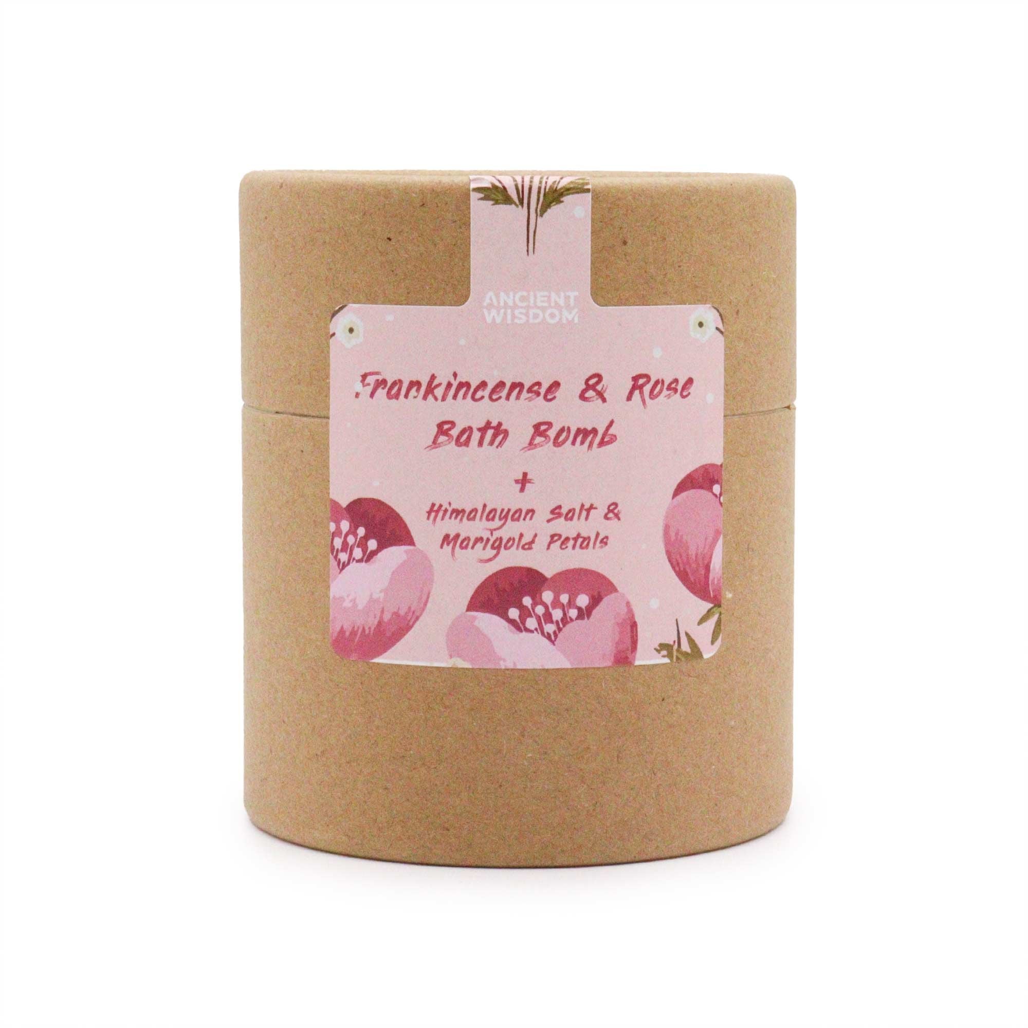 Bath bomb packaging with a pink label on a white background