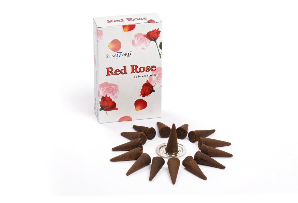 Red Rose incense cones with packaging on a white background