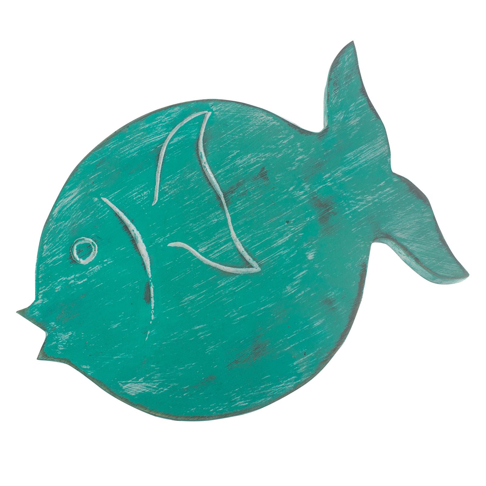Teal fish-shaped object on a white background