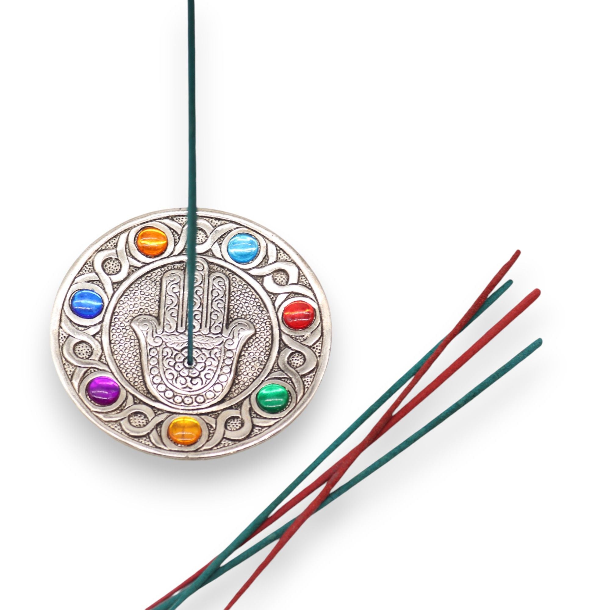 Decorative hanging with colorful beads and a hand design on a white background