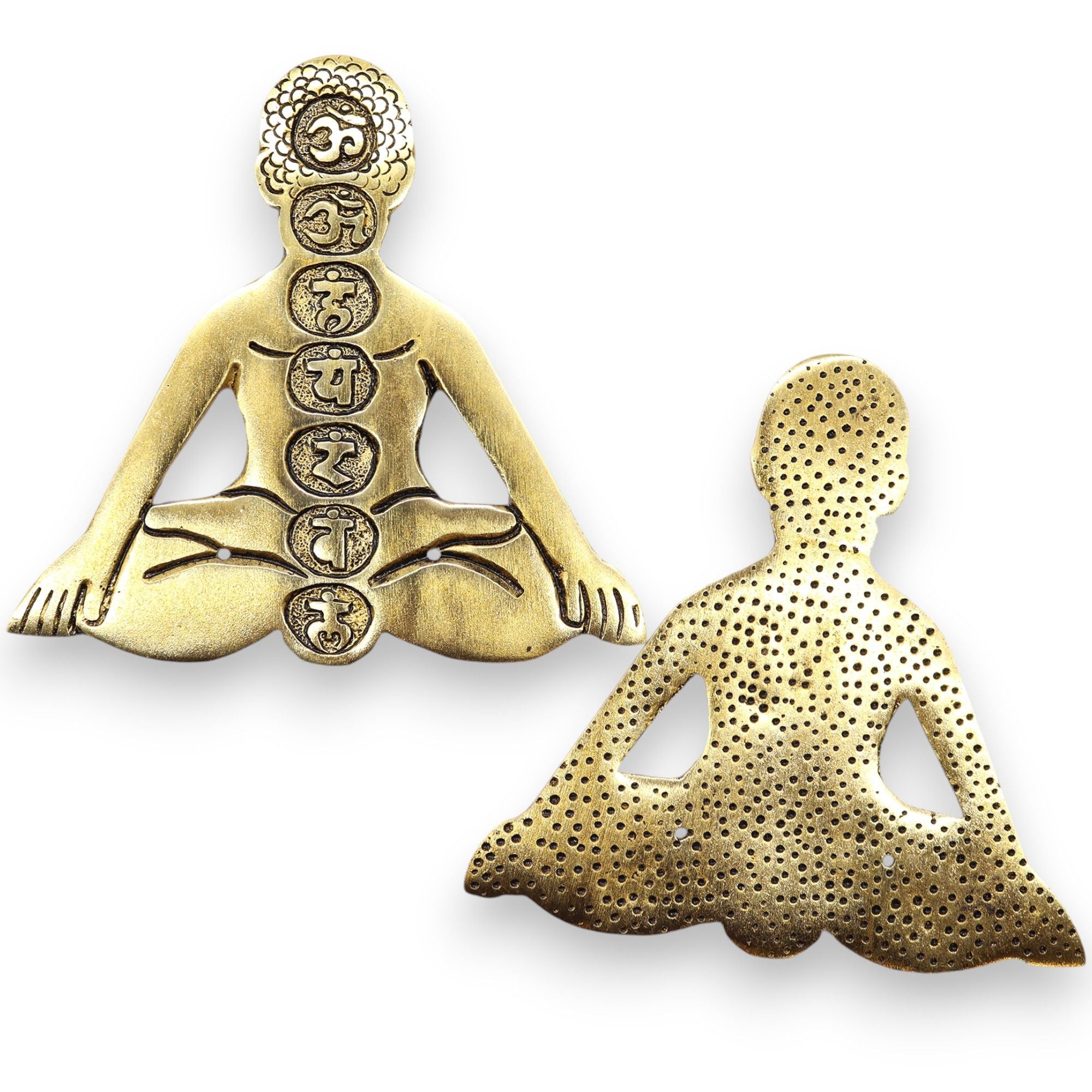 Two gold-colored meditation figures with chakra symbols on a white background