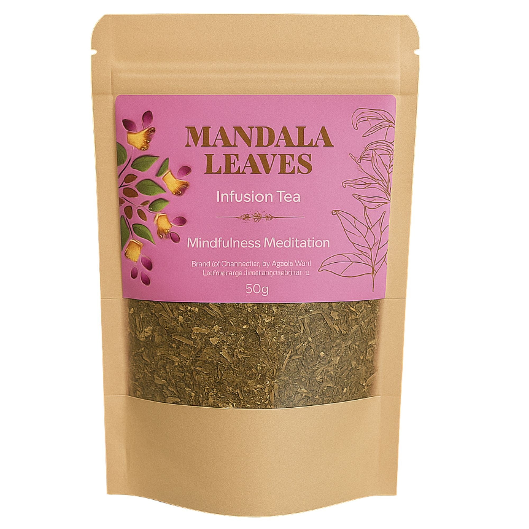 Mandala Leaves infusion tea package with pink label on a white background