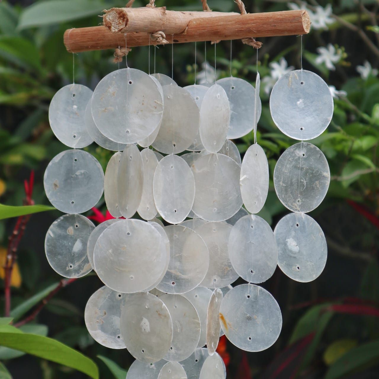 Decorative wind chime with clear circular plates hanging from a branch against a natural background.