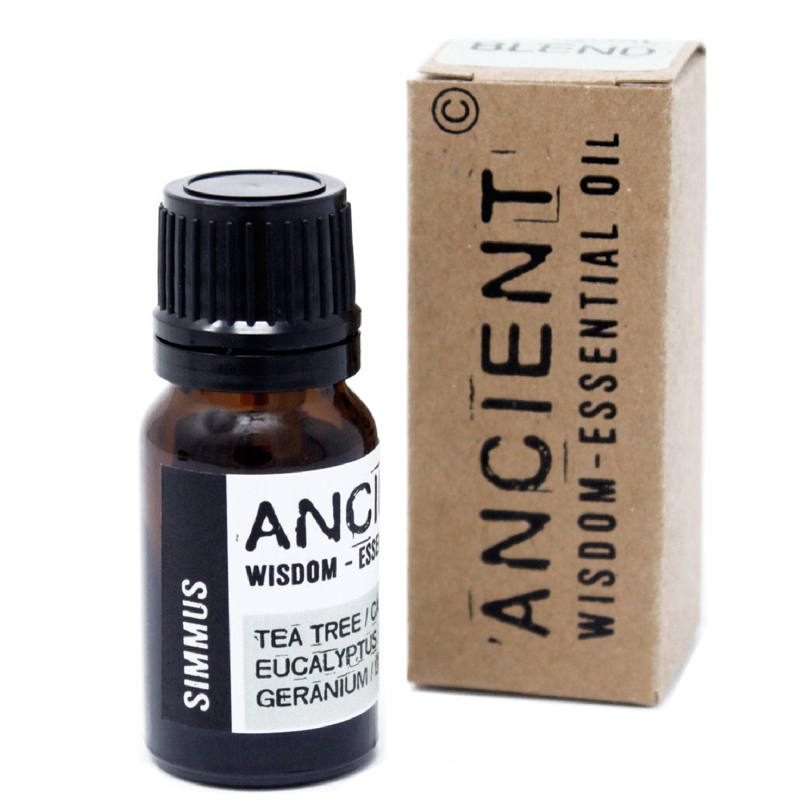 Brown essential oil bottle with black cap and label next to a cardboard box labeled 'Ancient Wisdom Essential Oil' on a white background.