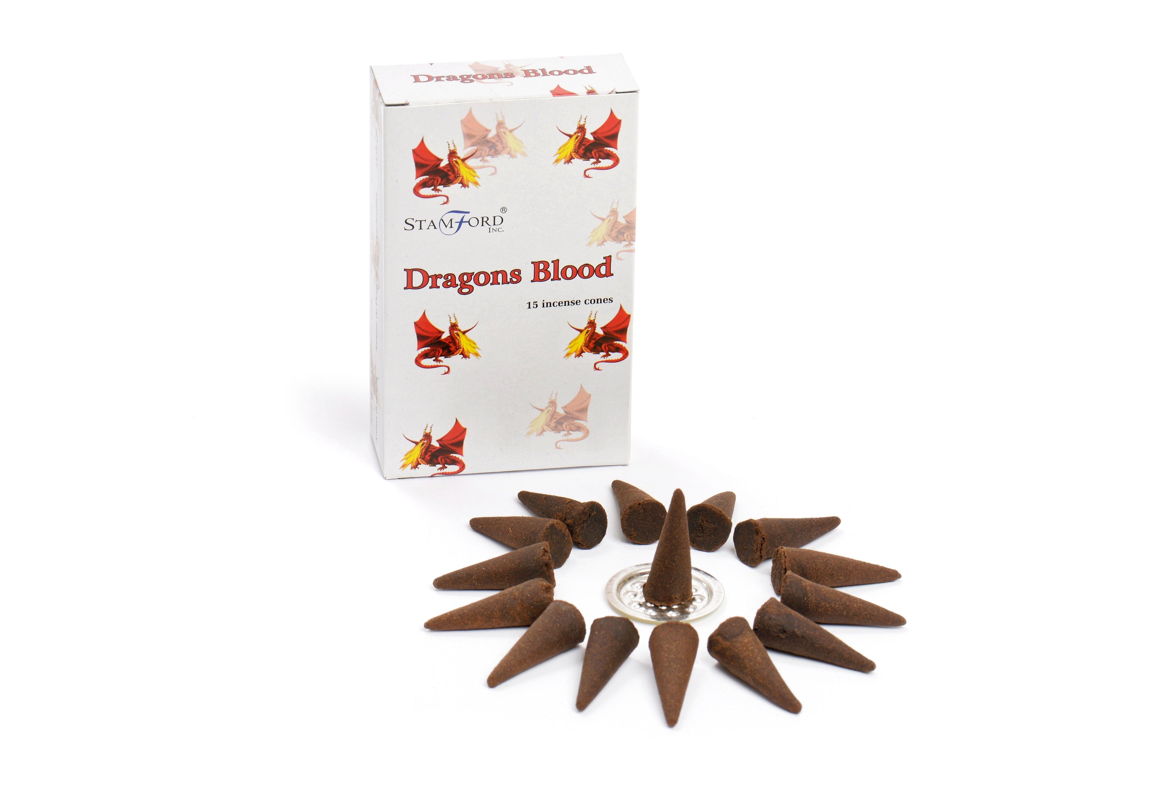 Stamford Dragons Blood incense cones and packaging on a white background