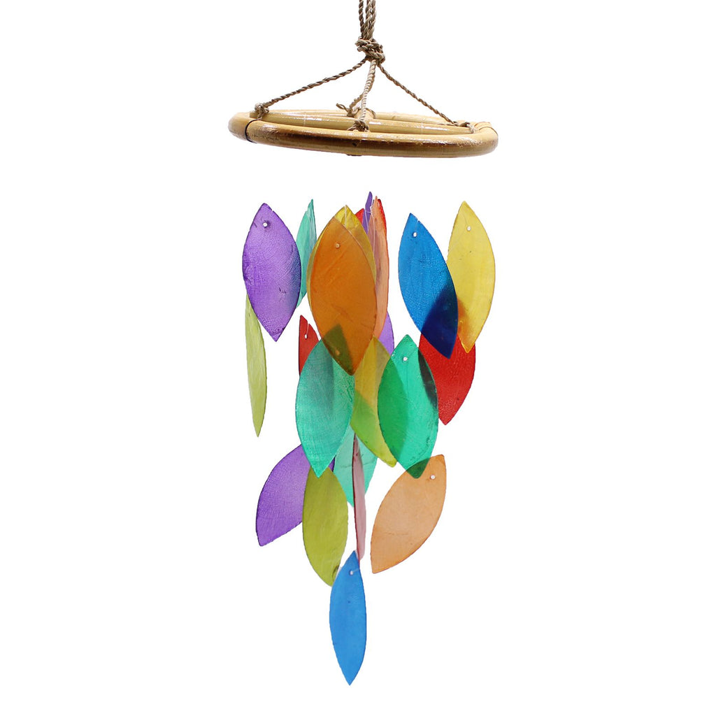 Colorful wind chime with leaf-shaped pieces on a white background