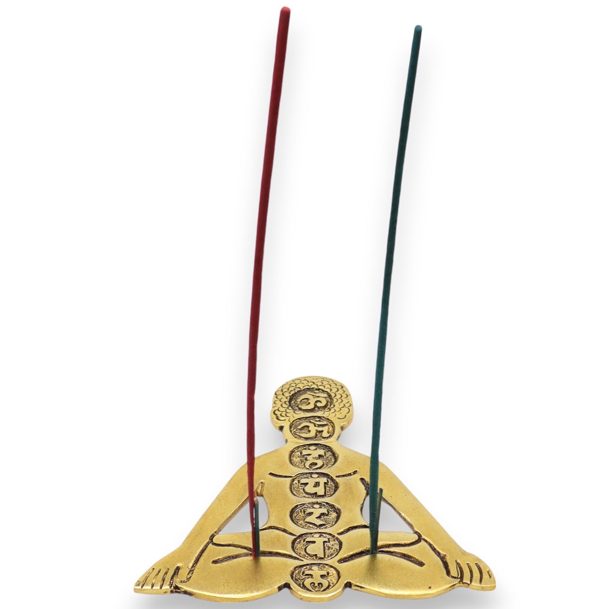 Incense burner shaped like a person with incense sticks on a white background