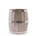 Wooden barrel with metal bands on a white background
