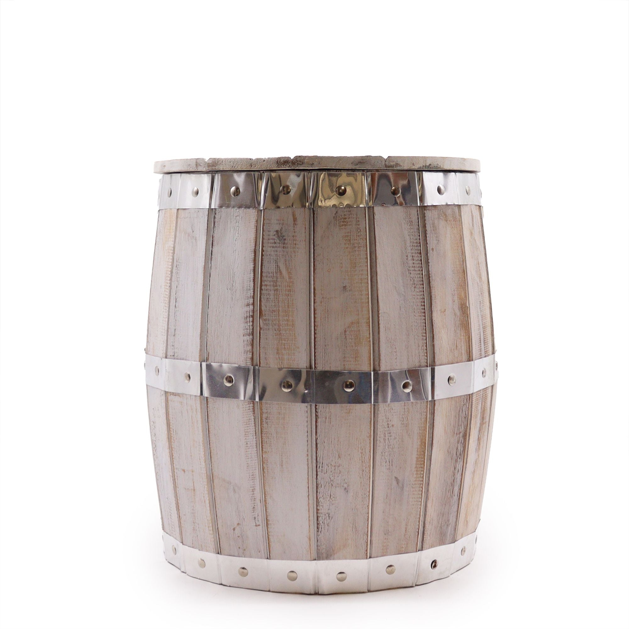Wooden barrel with metal bands on a white background