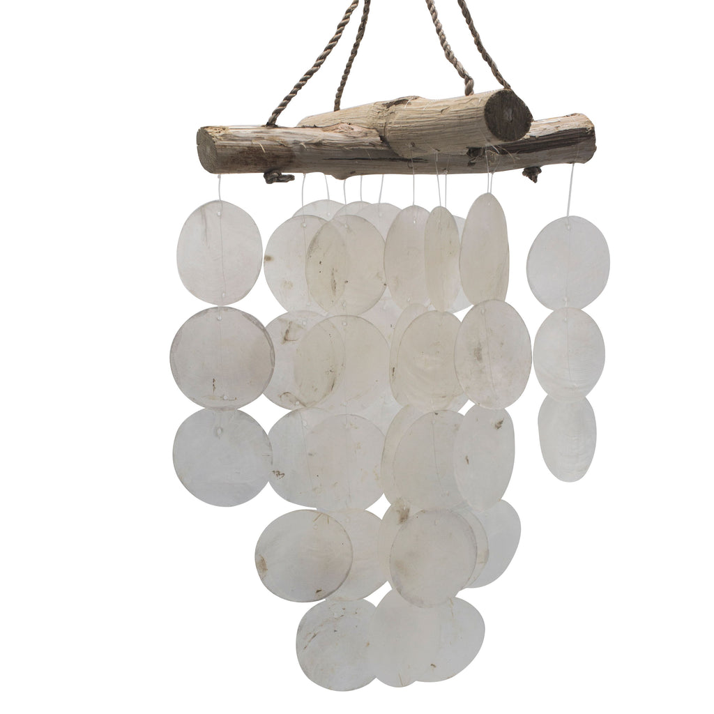 Decorative hanging chandelier with white circular elements and wooden accents on a white background