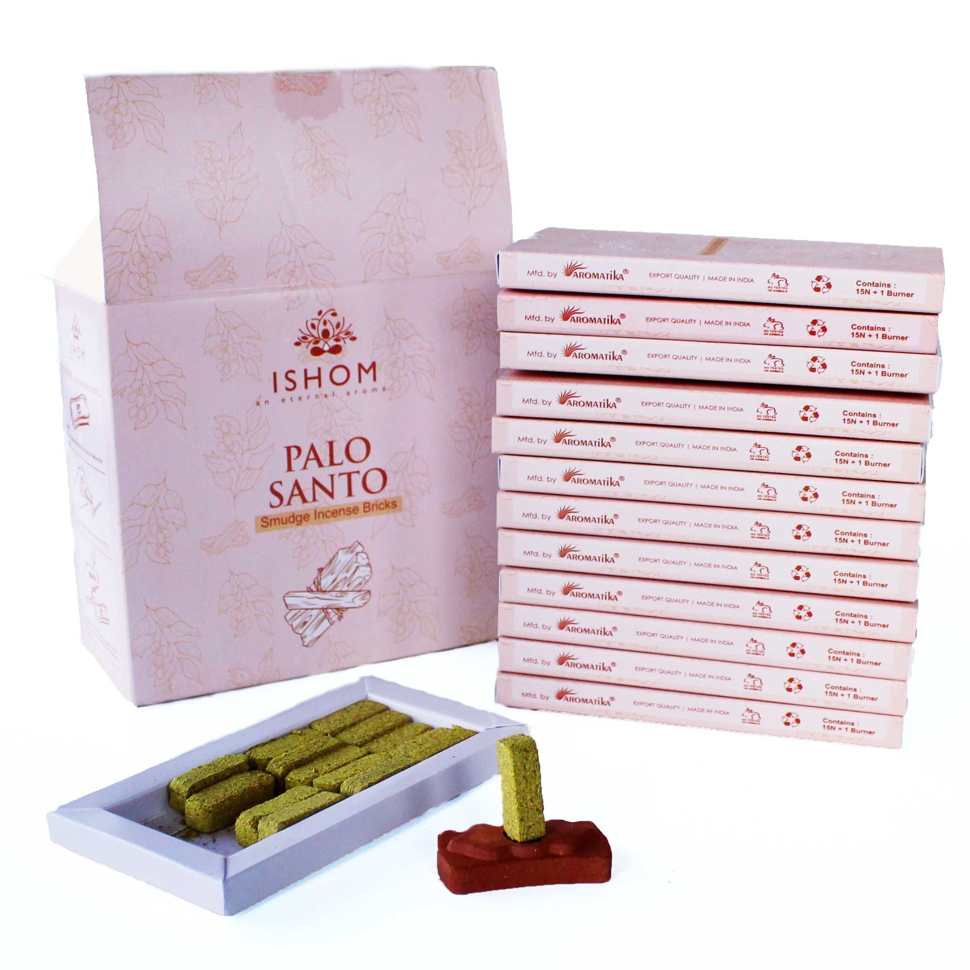 Ishom Palo Santo incense packaging with incense sticks on a white background