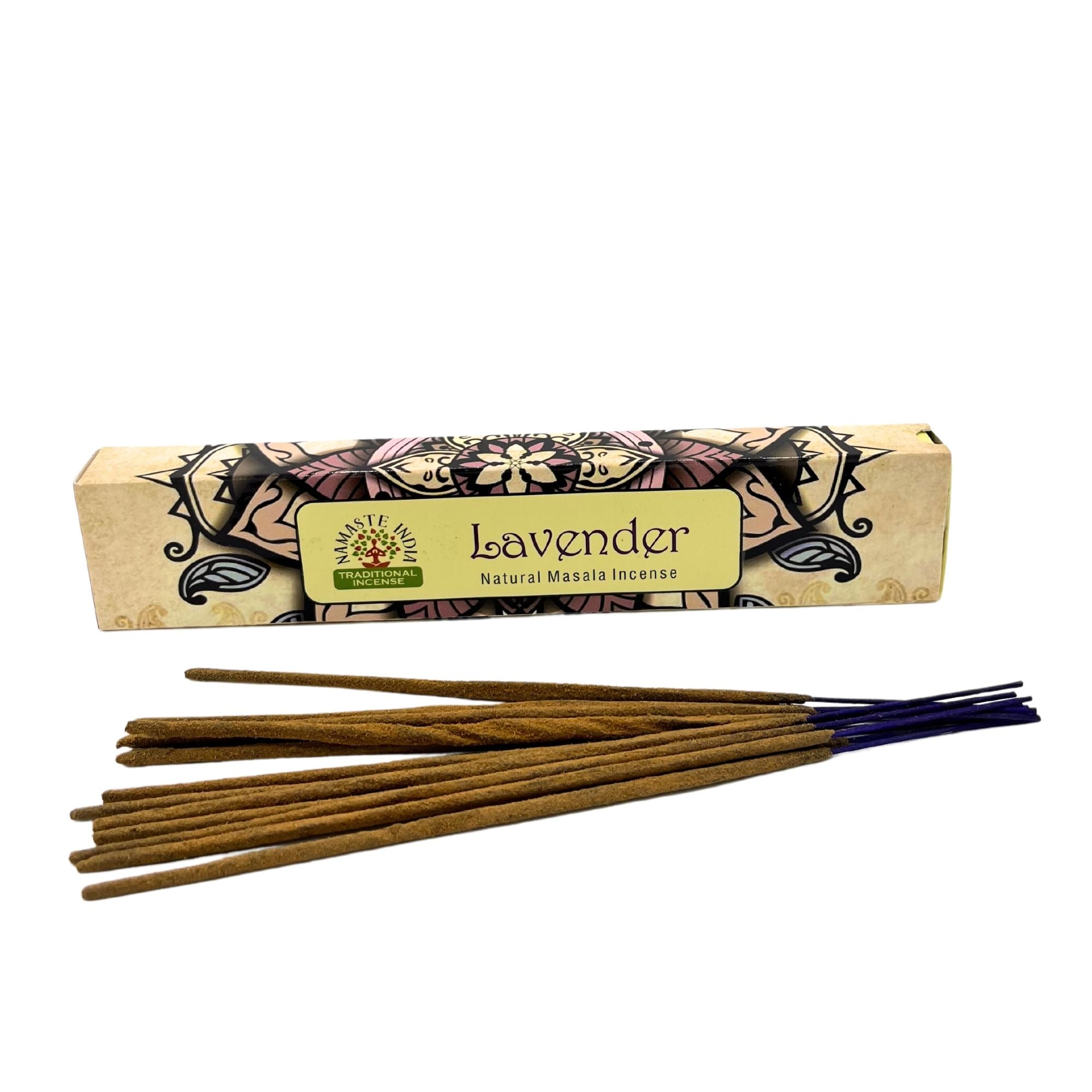 Lavender incense sticks with decorative box on a white background