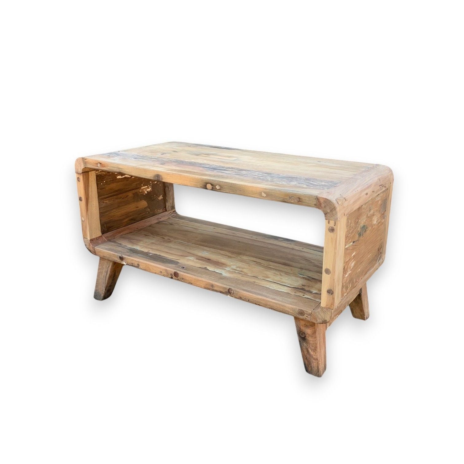 Wooden coffee table with a rustic design on a white background