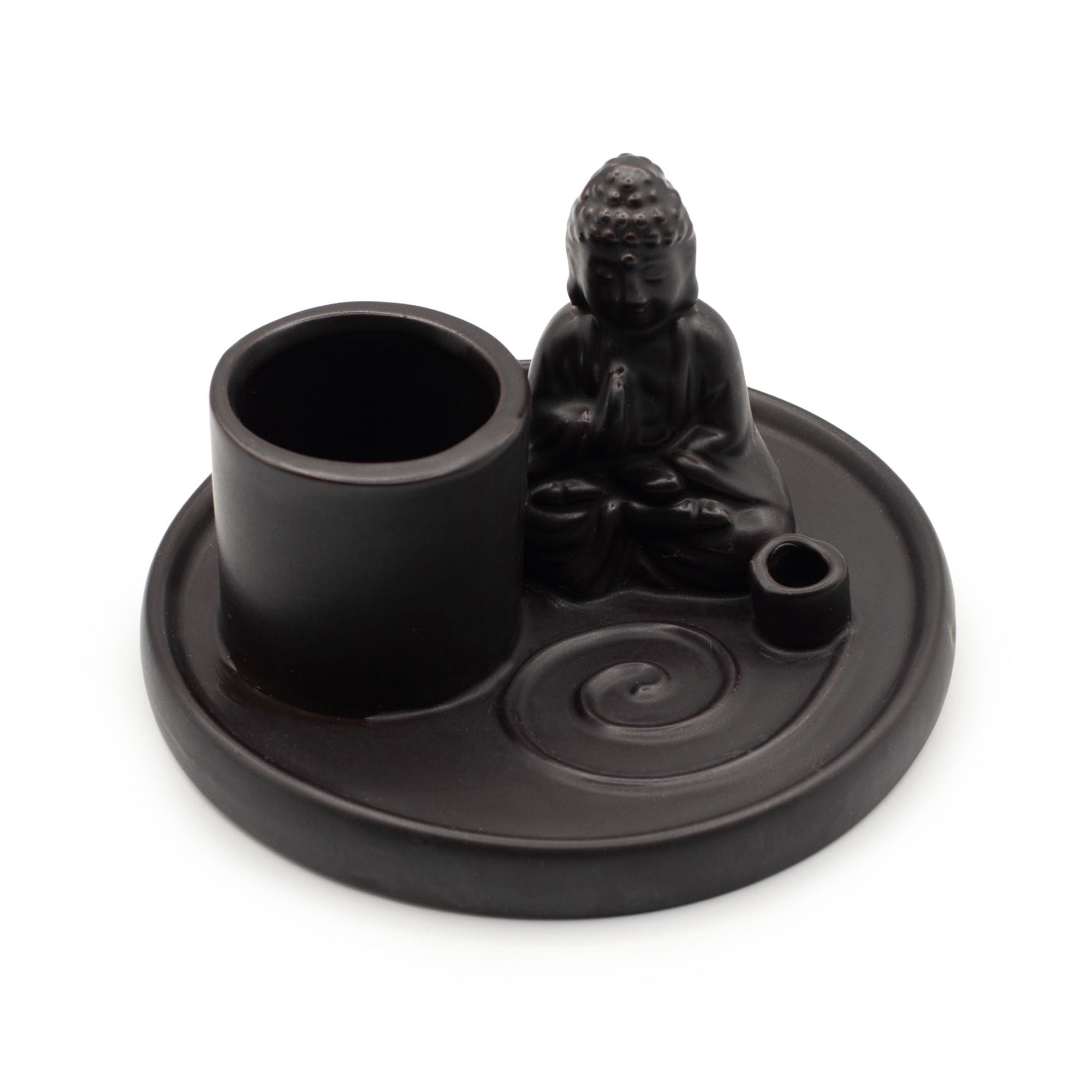 Black ceramic incense burner with Buddha figure on a white background