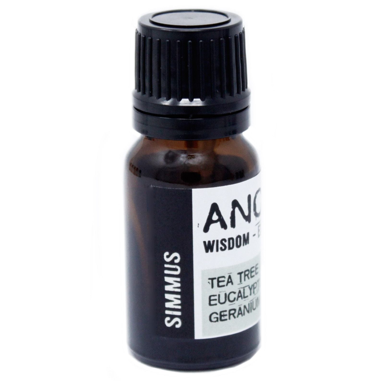 Small amber glass bottle with a black cap on a white background