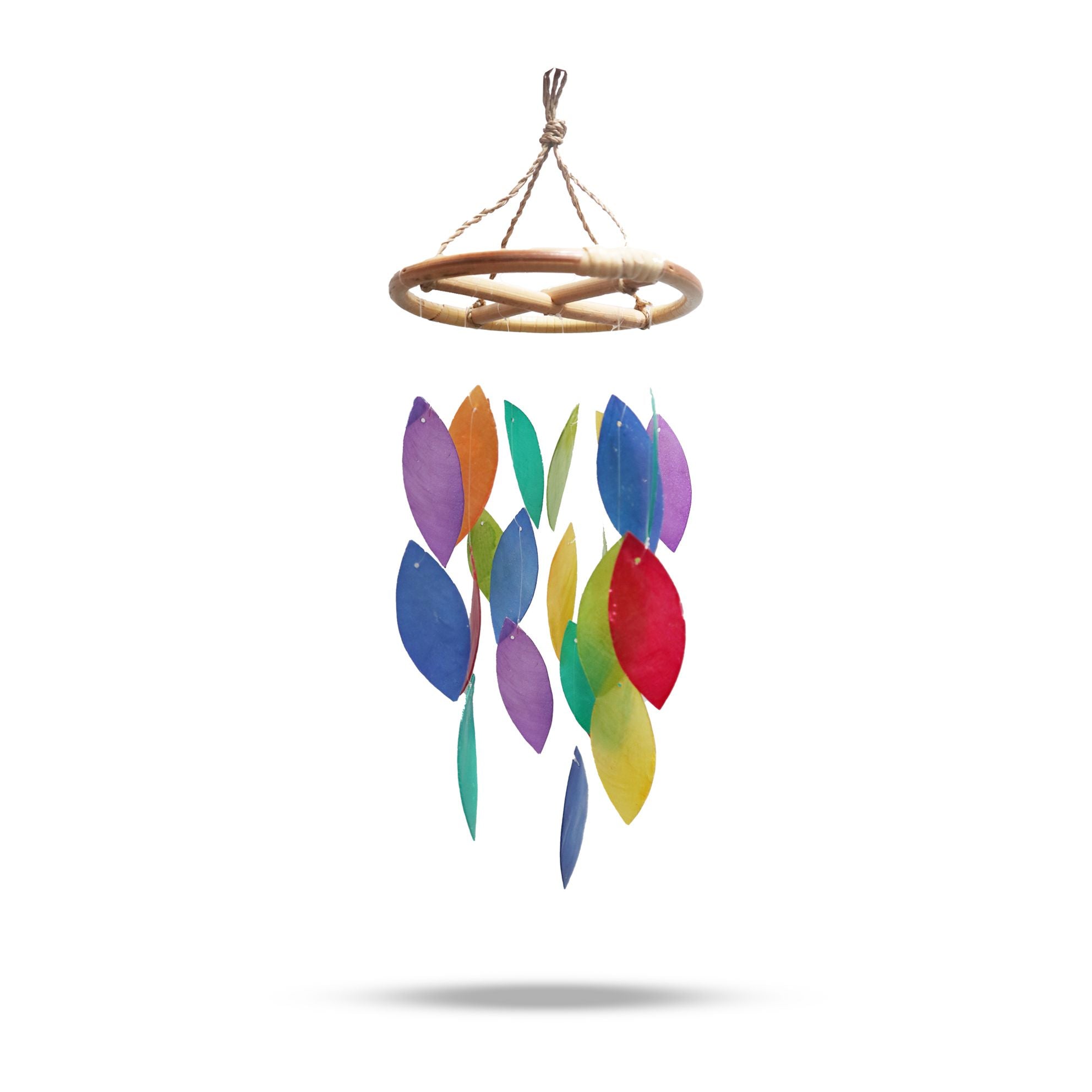Colorful leaf-shaped wind chime hanging against a white background