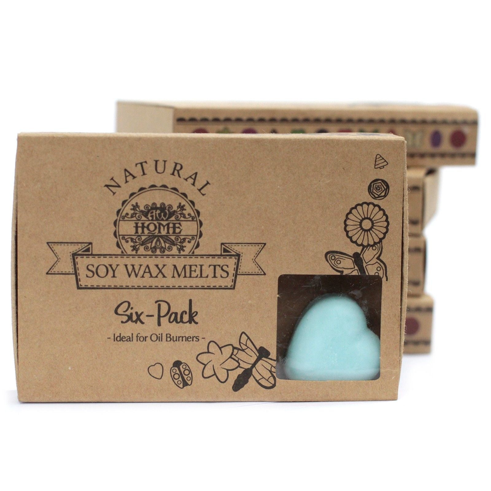 Six-pack of natural soy wax melts in a cardboard box with a visible wax melt.