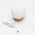 White spherical lamp with wooden base and USB cable on a white background