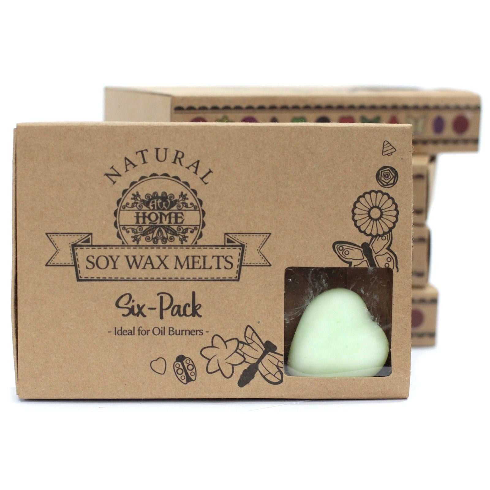 Box of natural soy wax melts with a single melt visible, on a white background