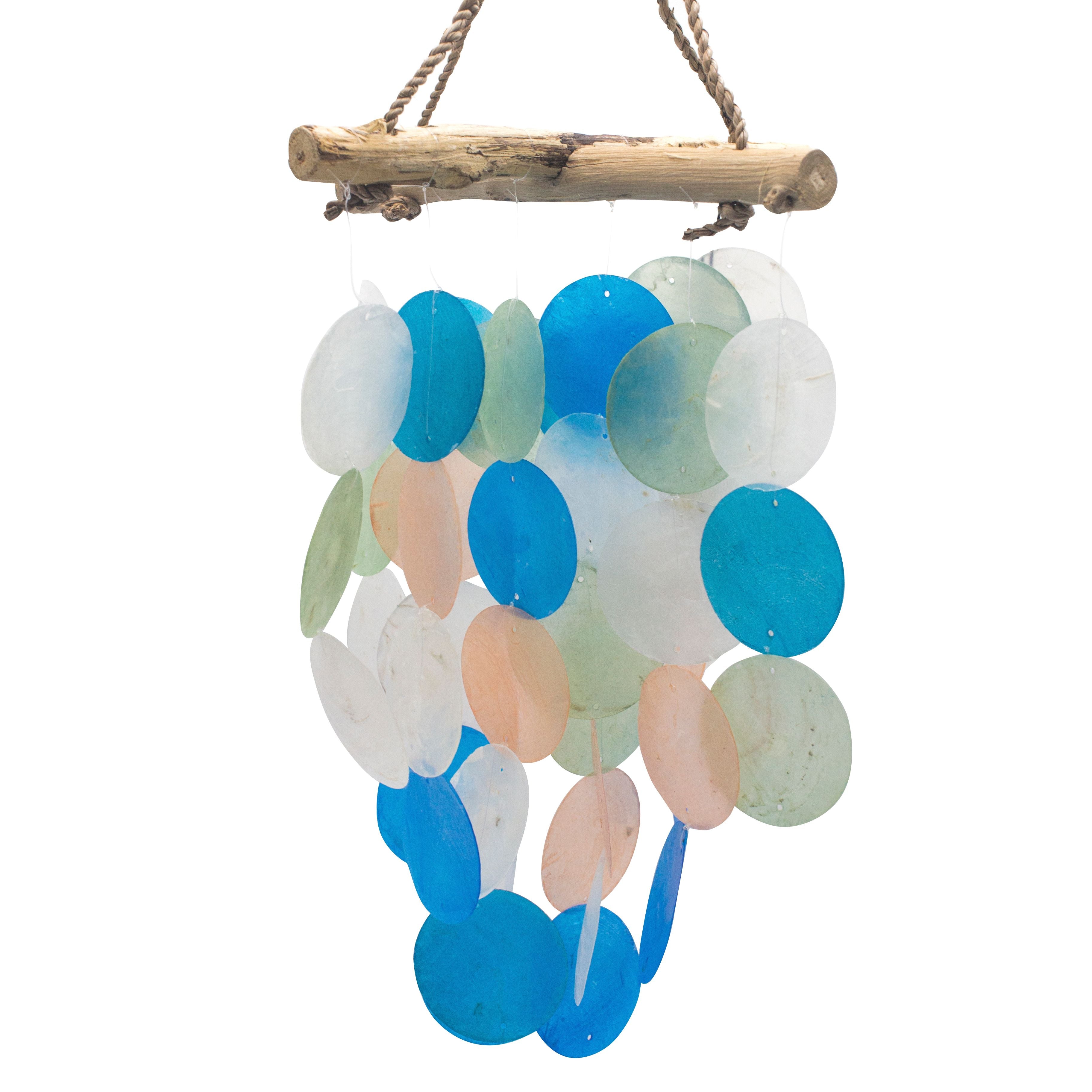 Hanging decorative item with blue, green, and beige circular stones on a white background