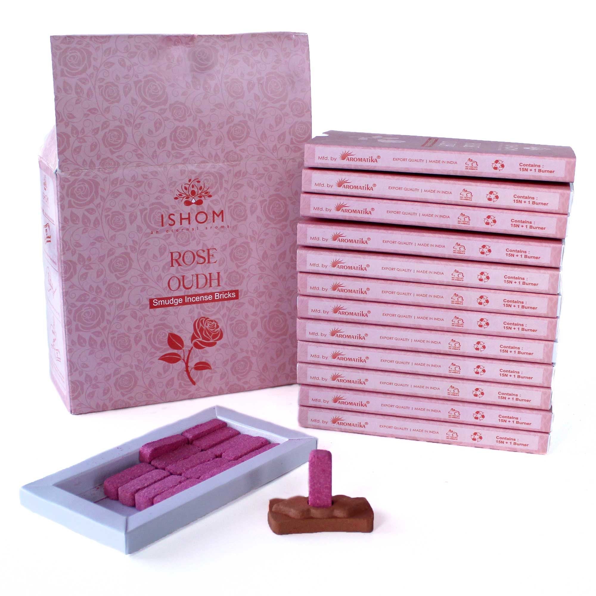 Ishom Rose Oudh incense packaging with incense sticks on a white background