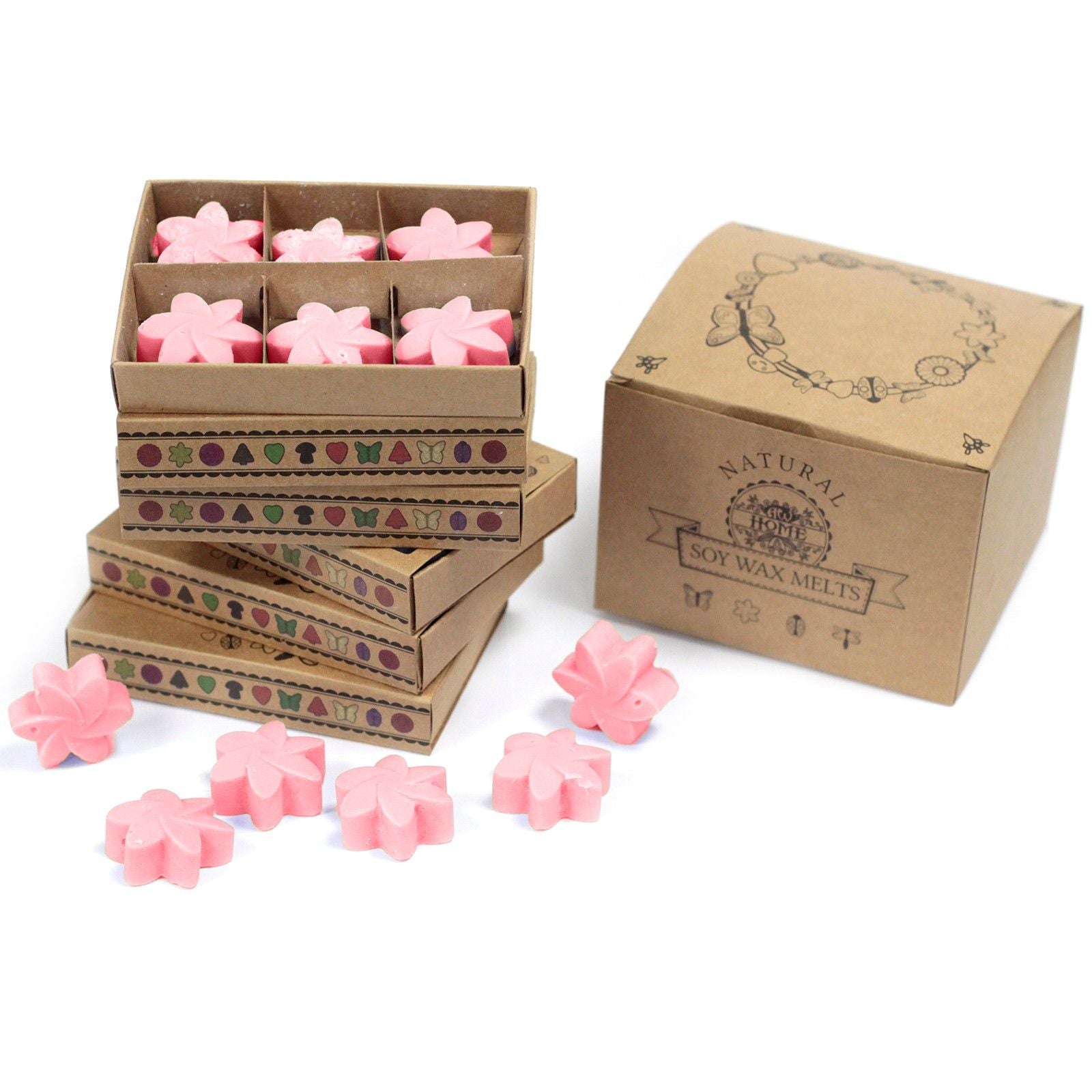 Pink flower-shaped wax melts in cardboard boxes with 'Natural Soy Wax Melts' branding.