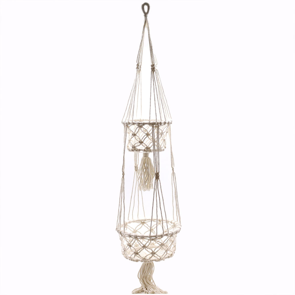 Beige macrame plant hanger with tassels on a white background