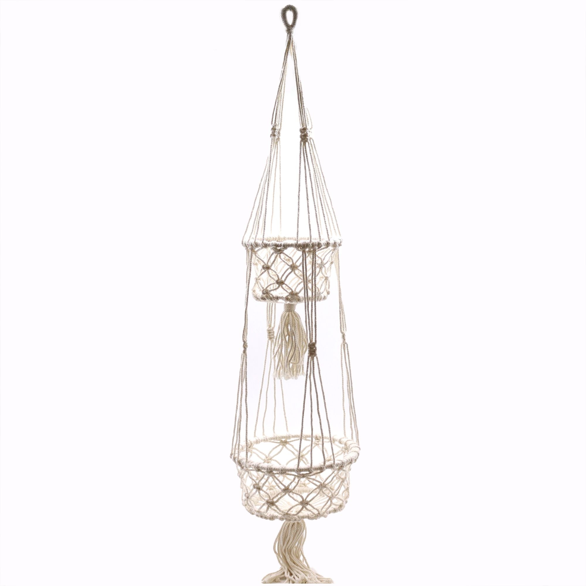 Beige macrame plant hanger with tassels on a white background
