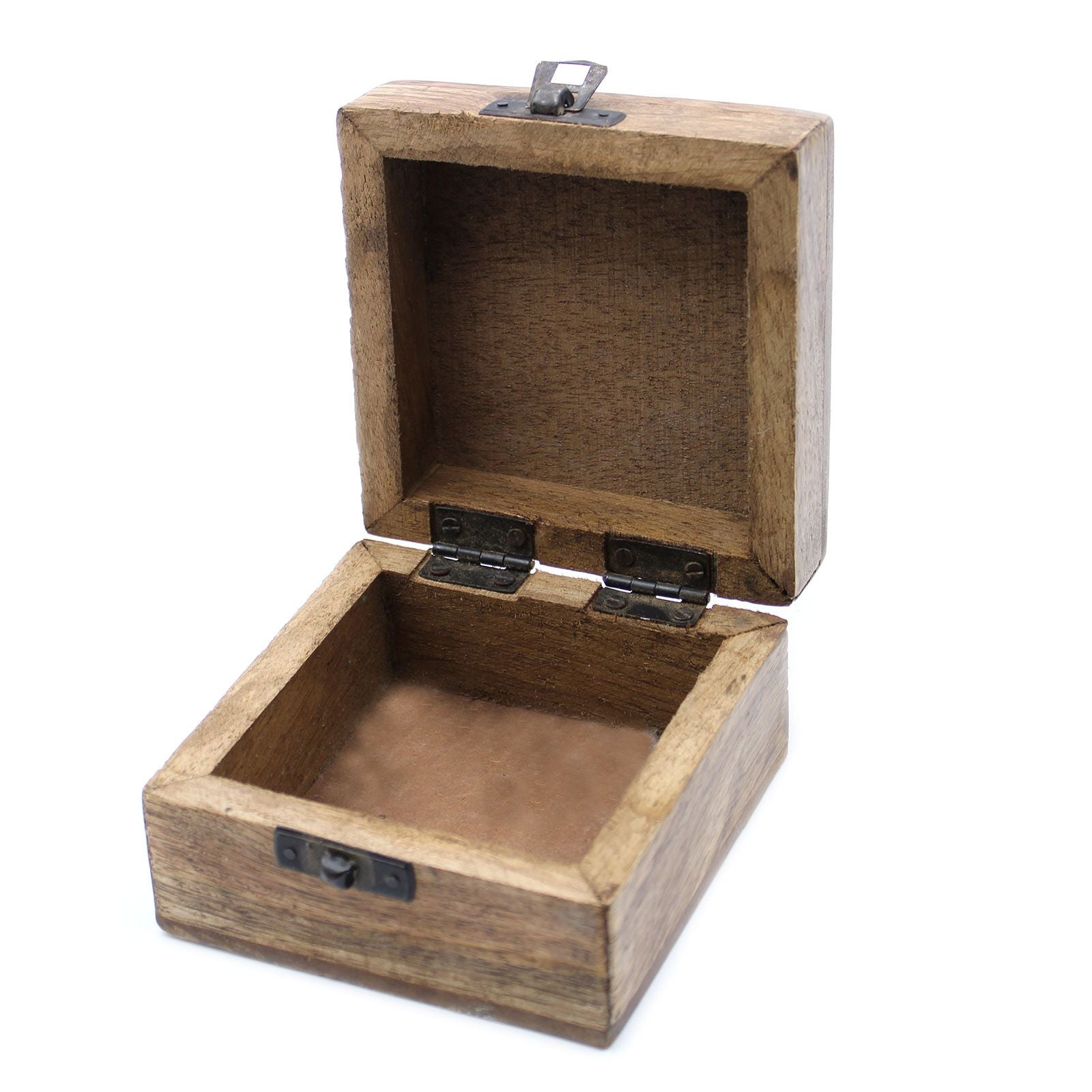 Wooden jewelry box with a hinged lid on a white background