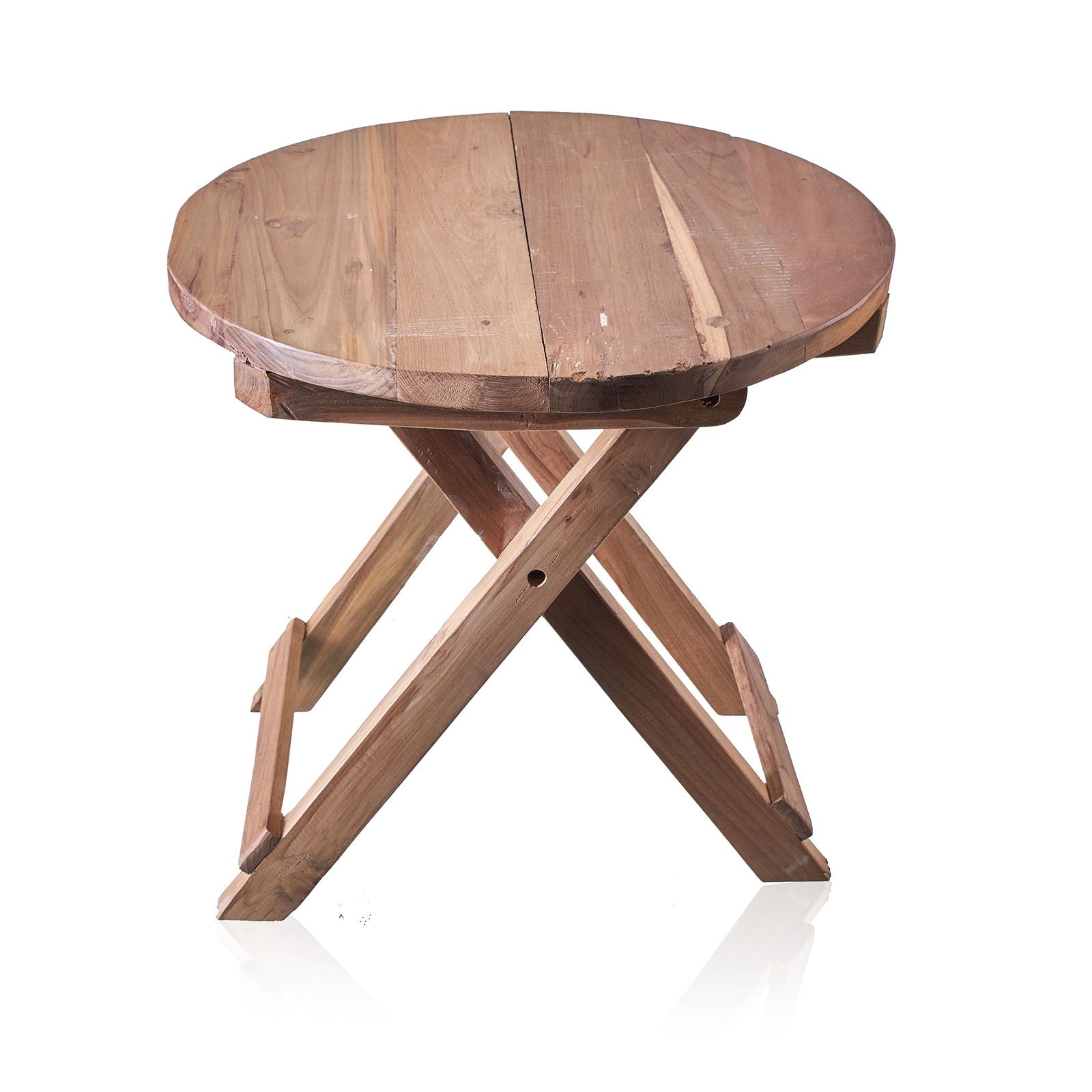 Wooden round table with a X-shaped base on a white background