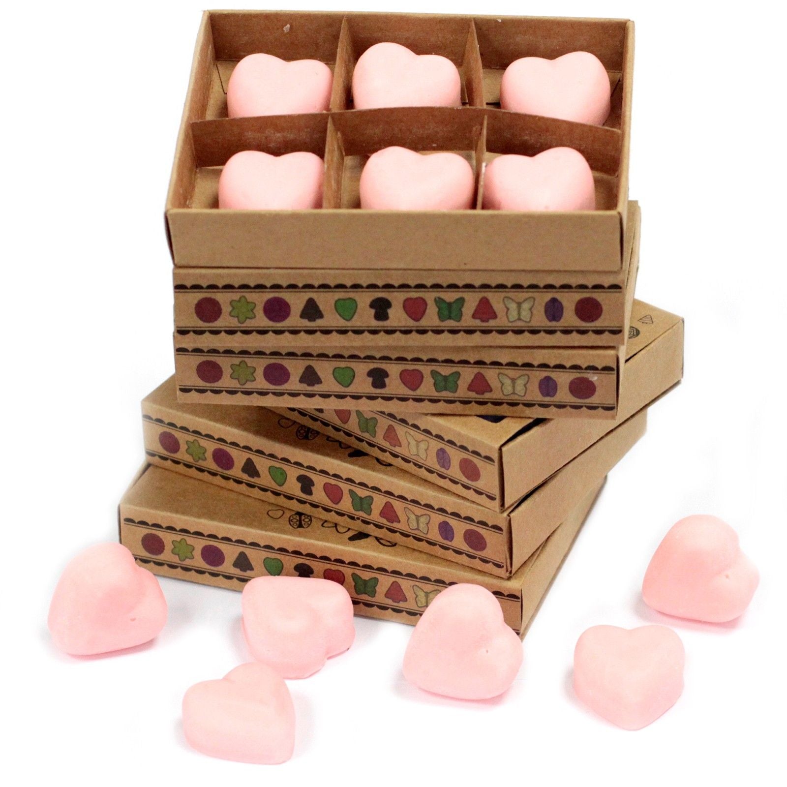 Stack of cardboard boxes with pink heart-shaped objects on a white background