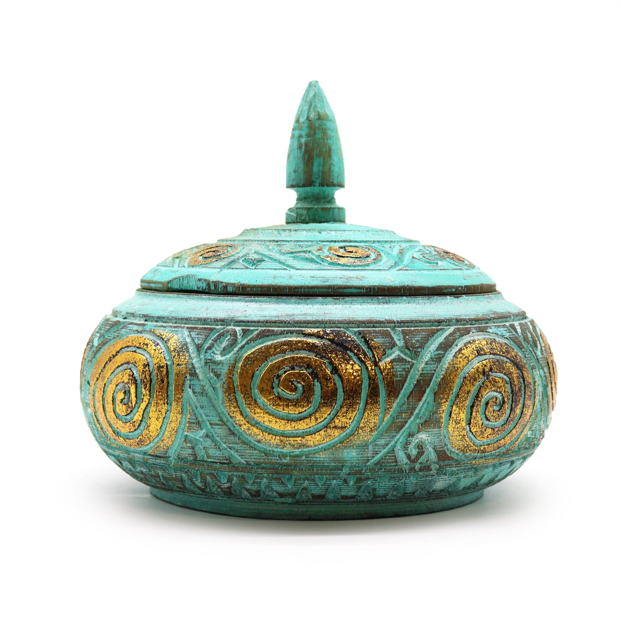Decorative turquoise pot with gold spiral patterns on a white background