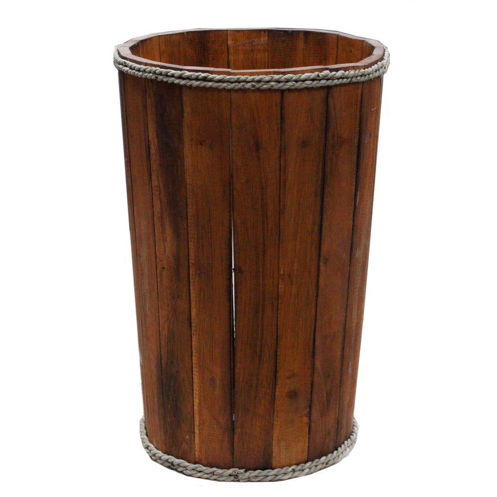 Wooden trash can with rope detailing on a white background