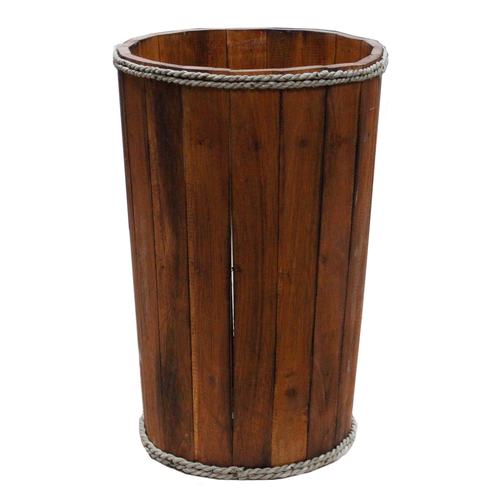 Wooden trash can with rope detailing on a white background