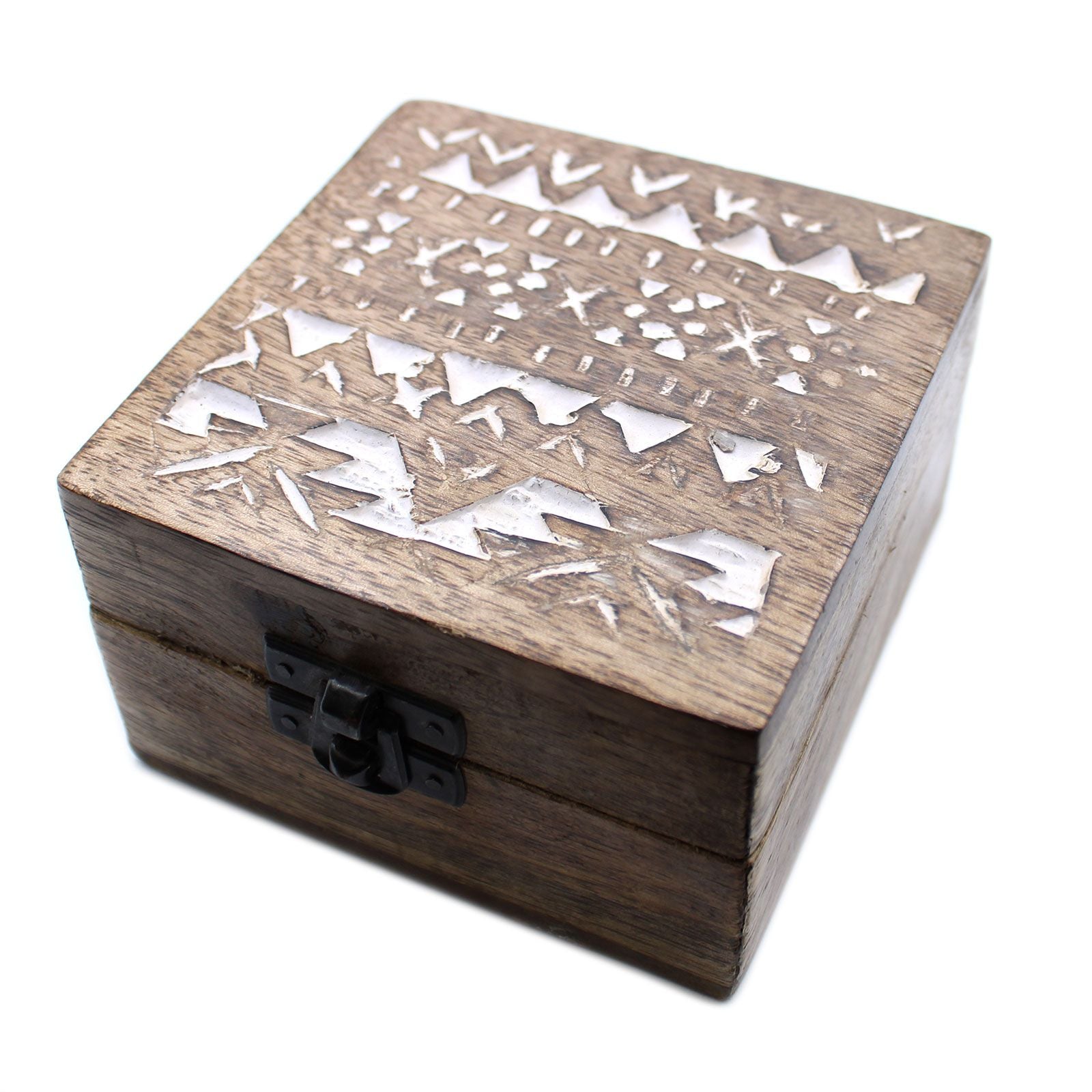 Wooden box with geometric cut-out design on a white background