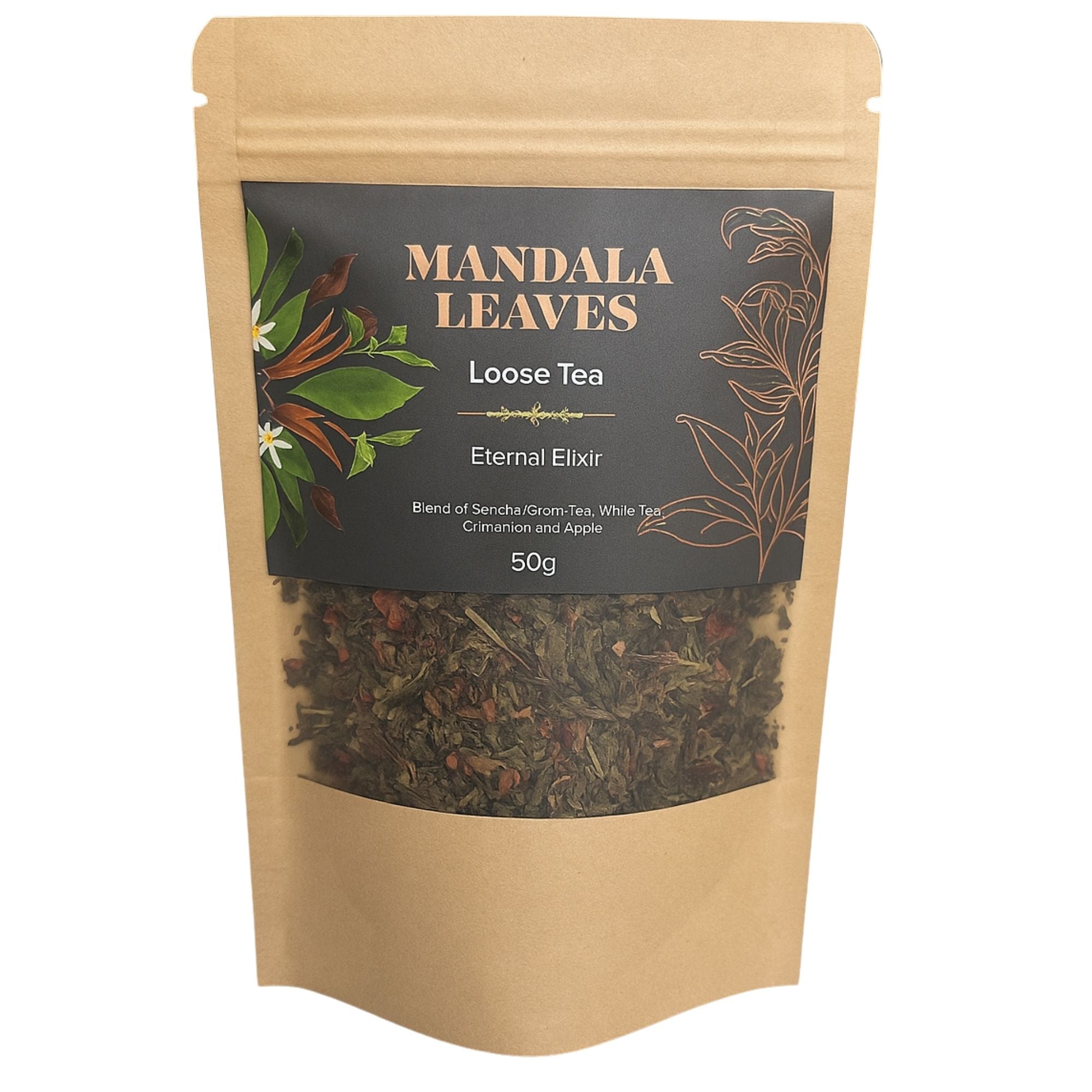 Tea package labeled 'Mandala Leaves' with a view of the tea leaves inside.
