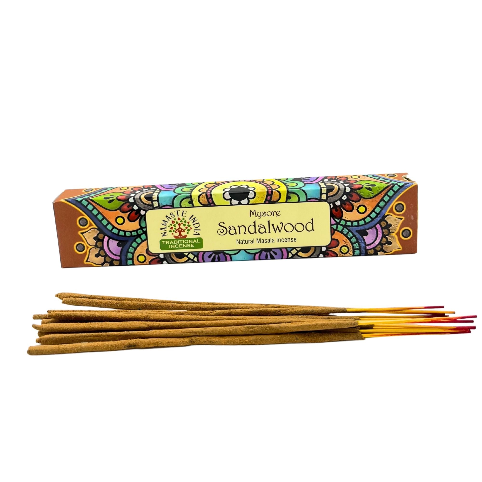 Incense sticks with a colorful box labeled 'Sandalwood' on a white background