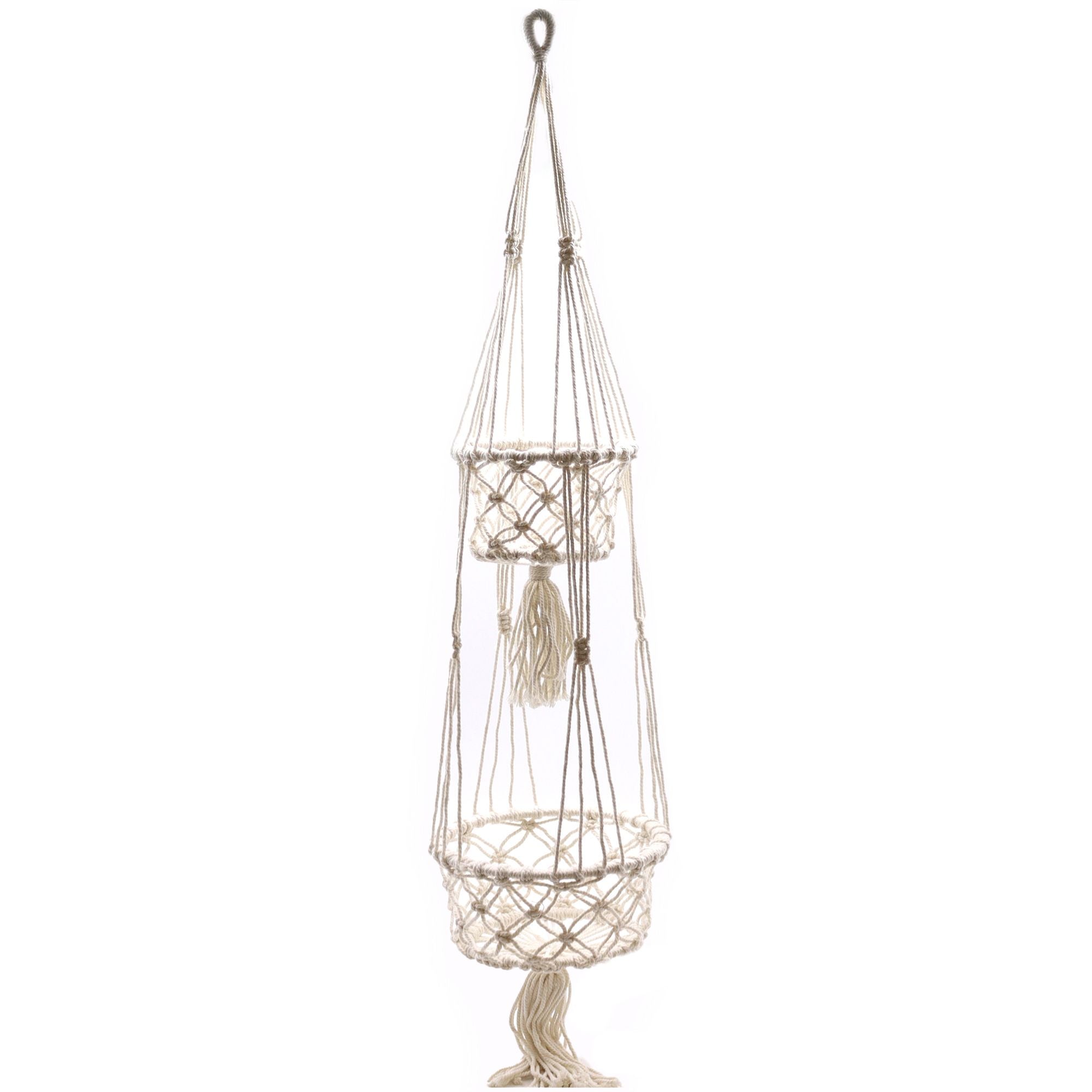 Macrame plant hanger with tassels on a white background