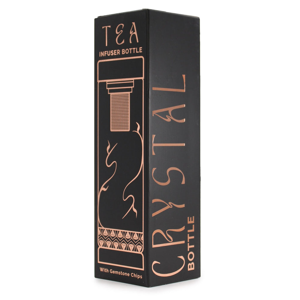 Black box with rose gold text and graphics for a tea infuser bottle
