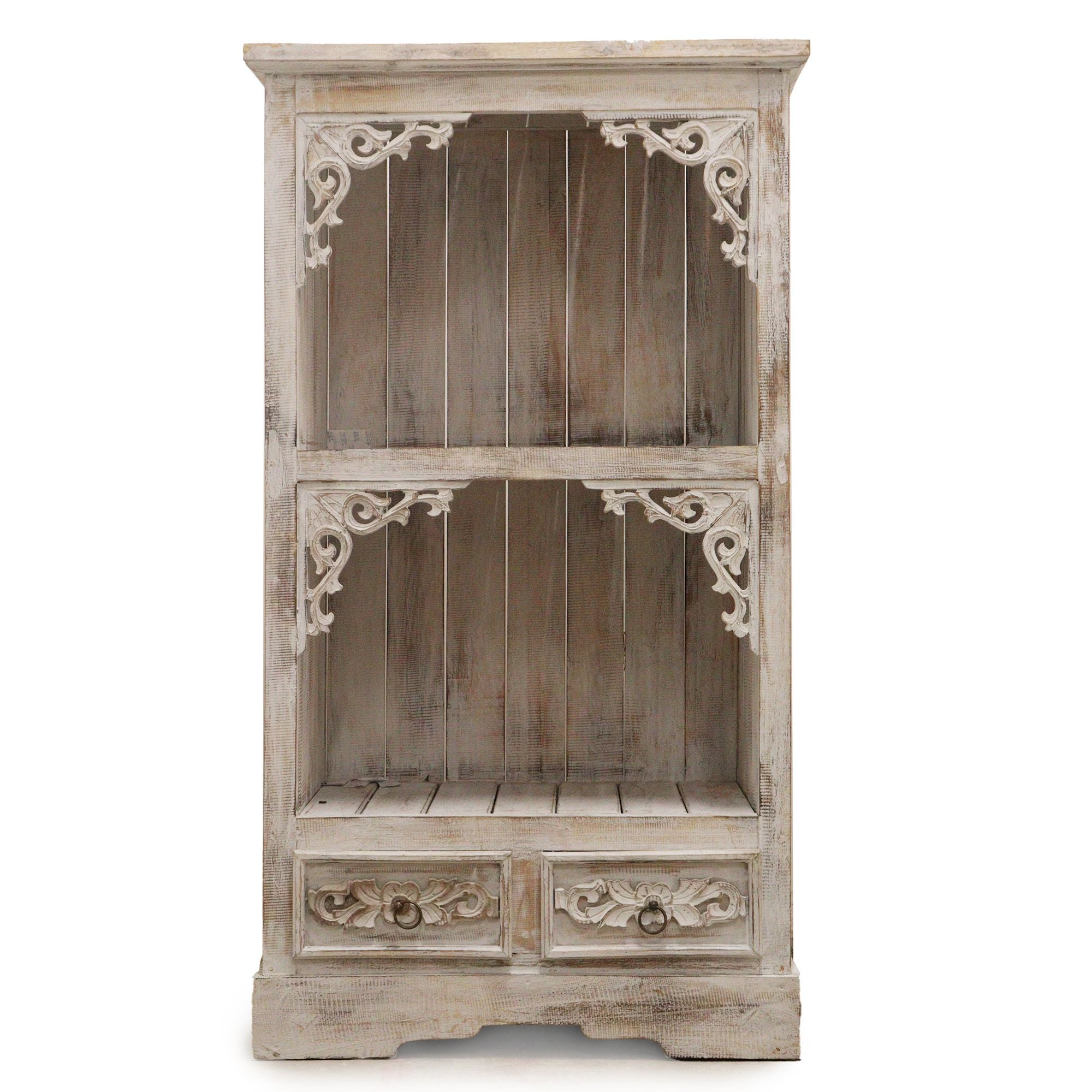 Wooden cabinet with decorative carvings on a white background