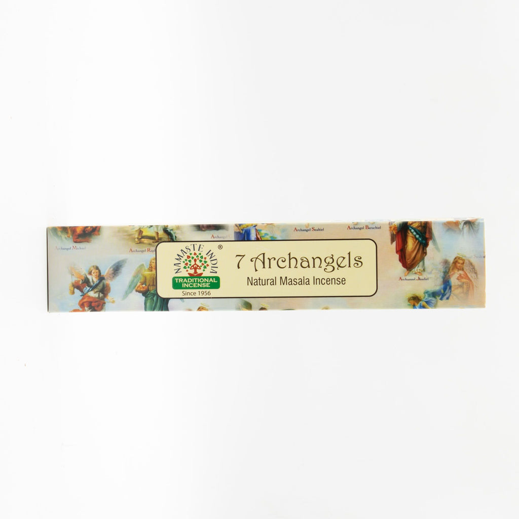 Box of 7 Archangels natural masala incense with angel illustrations on a white background