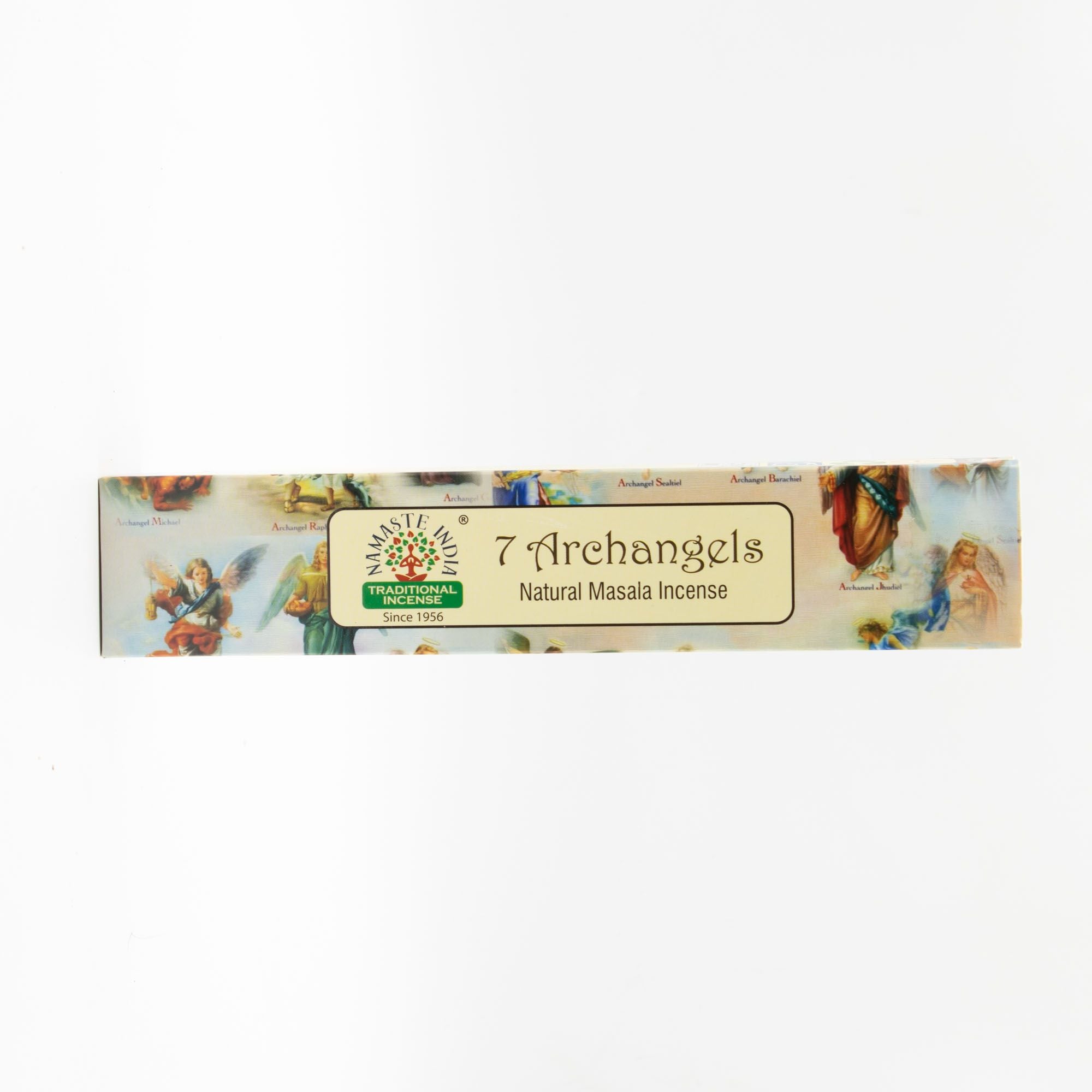 Box of 7 Archangels natural masala incense with angel illustrations on a white background