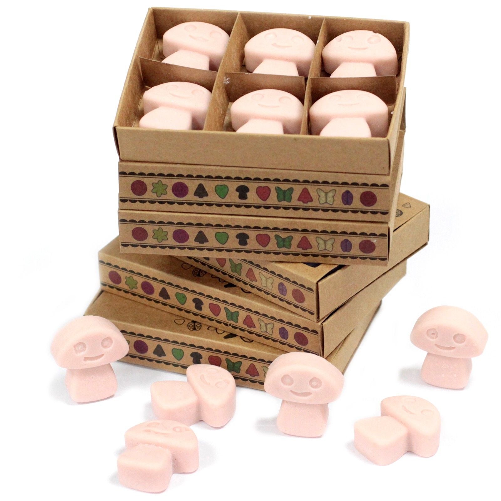 Stack of cardboard boxes with pink mushroom-shaped objects on a white background